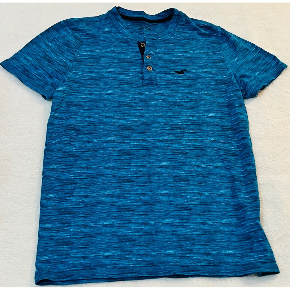 Hollister Men Blue Space Dye Short Sleeve Henley Shirt Size M Seagull Logo
